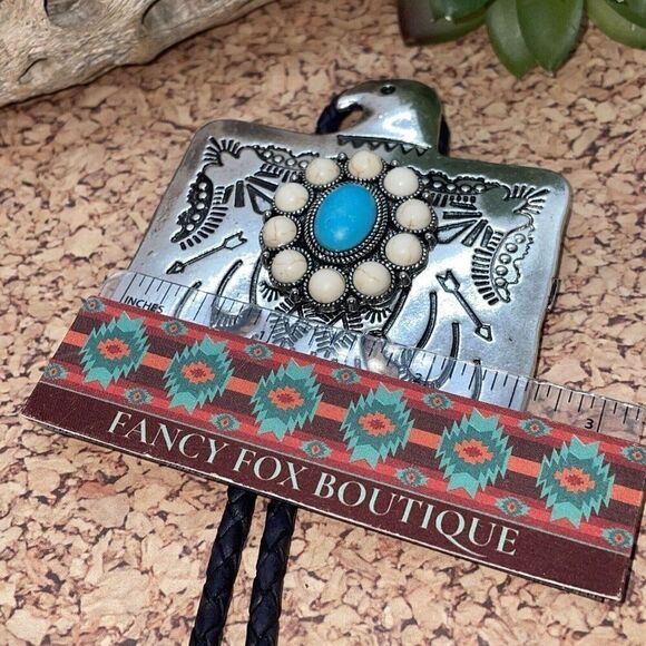 Unique Thunderbird T-Bird White Blue Turquoise Concho Lariat Bolo Tie Western - Picture 8 of 16